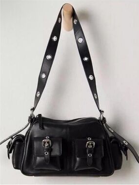 FREE PEOPLE Black Leather Utility Cargo Shoulder Bag NWT